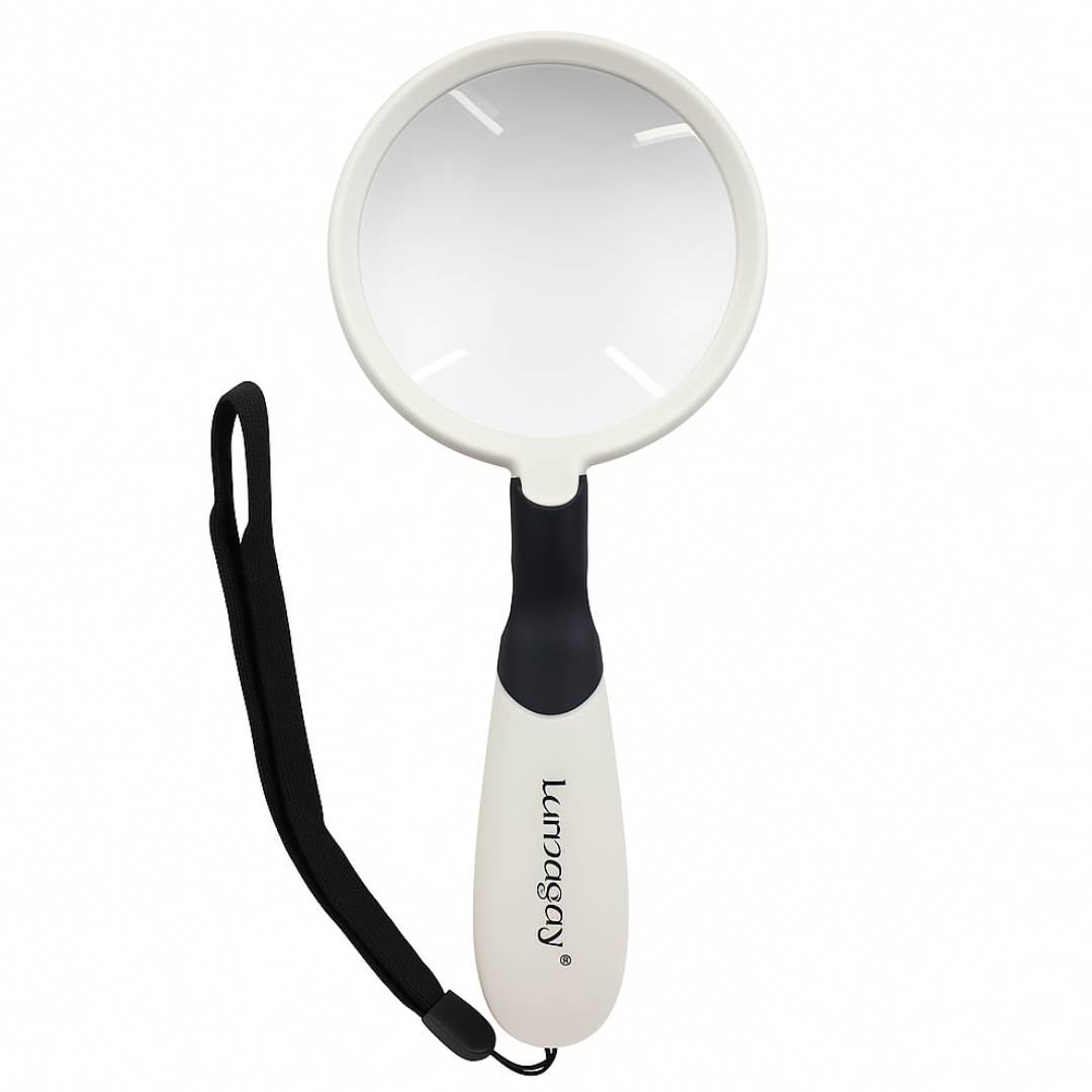 Handheld LED Illuminated Magnifier – 3.5" Aspheric Lens, 3X Large + 5X Small Lens, 2-Way LED Light, Ergonomic Grip – Requires 2 AAA Batteries