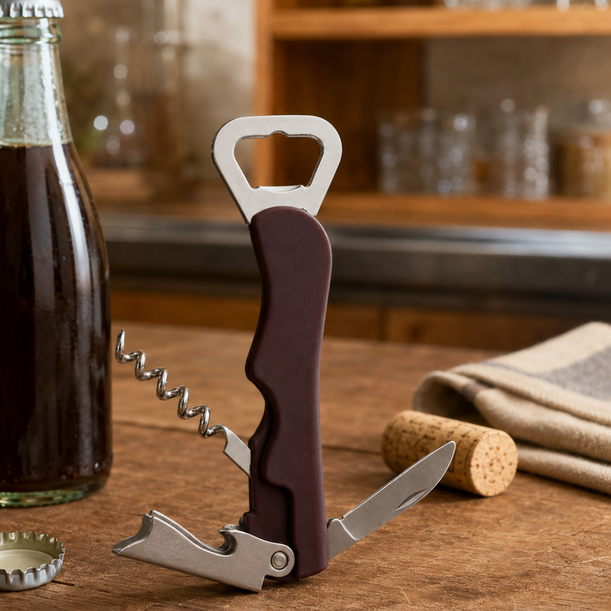 5-1/2 Inch Multipurpose Bottle Opener with Corkscrew and Folding Knife Blade, Stainless Steel Components, Compact Pocket Bar Tool for Wine, Beer and Soda Bottles, Burgundy Handle