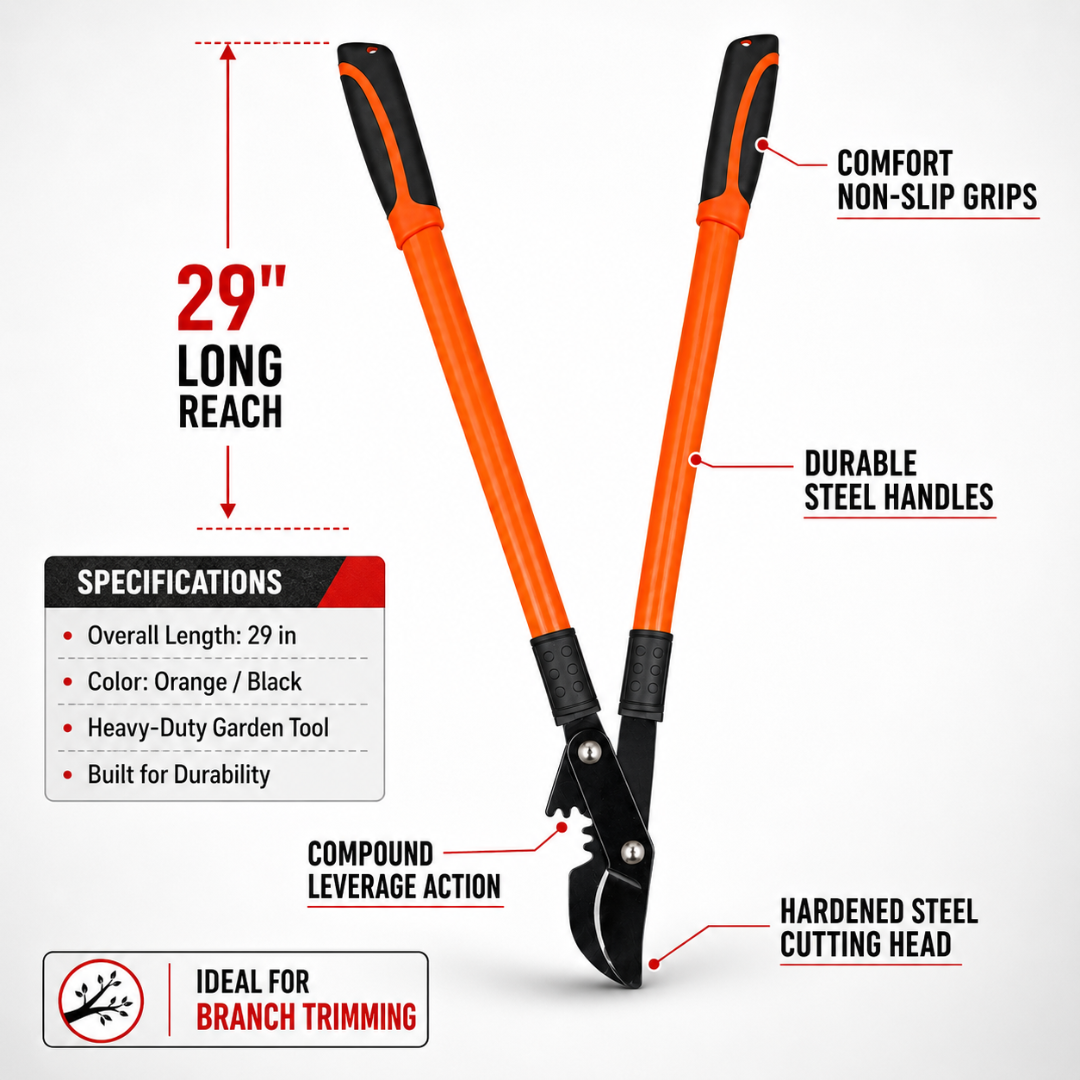 29 Inch Heavy Duty Lopping Shears, Long Handle Branch Cutter with Compound Leverage Action, Steel Garden Lopper with Non-Slip Comfort Grips for Tree Trimming, Pruning Branches, Shrubs and Yard Work