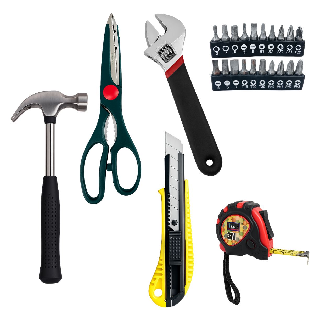 All-Purpose 8-Piece Tool Kit with Zippered Case – Includes Hammer, Adjustable Wrench, Pliers, Scissors, Tape Measure, Knife with Corkscrew, Multi-Bit Screwdriver & Cutter – Perfect for Home, Car, or Office