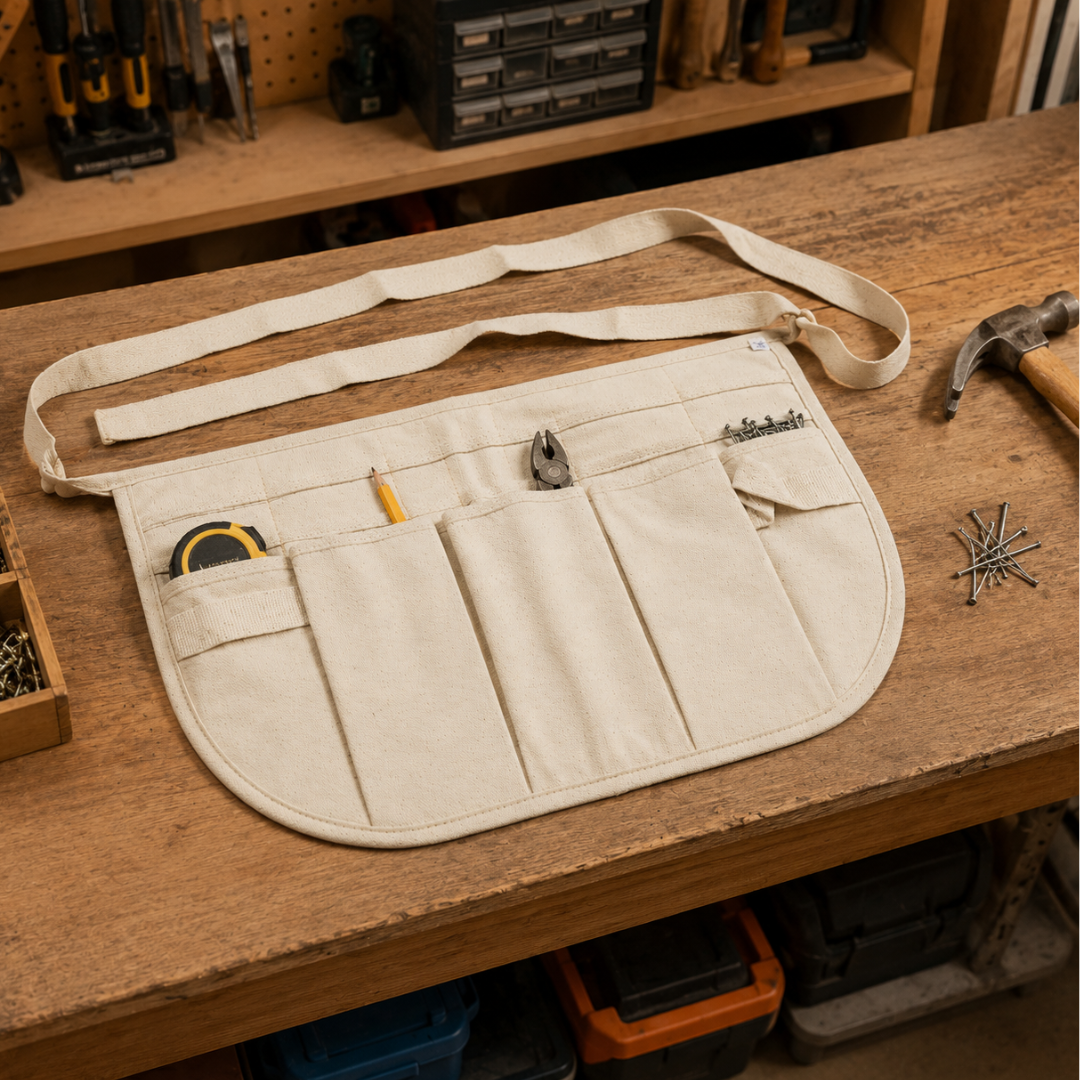 14" x 10" Heavy Canvas Waist Apron with 3 Pockets, Dual Hammer Holders, Long Tie Belt, White Utility Work Apron for Tools, Nails, Cash & Travel Valuables