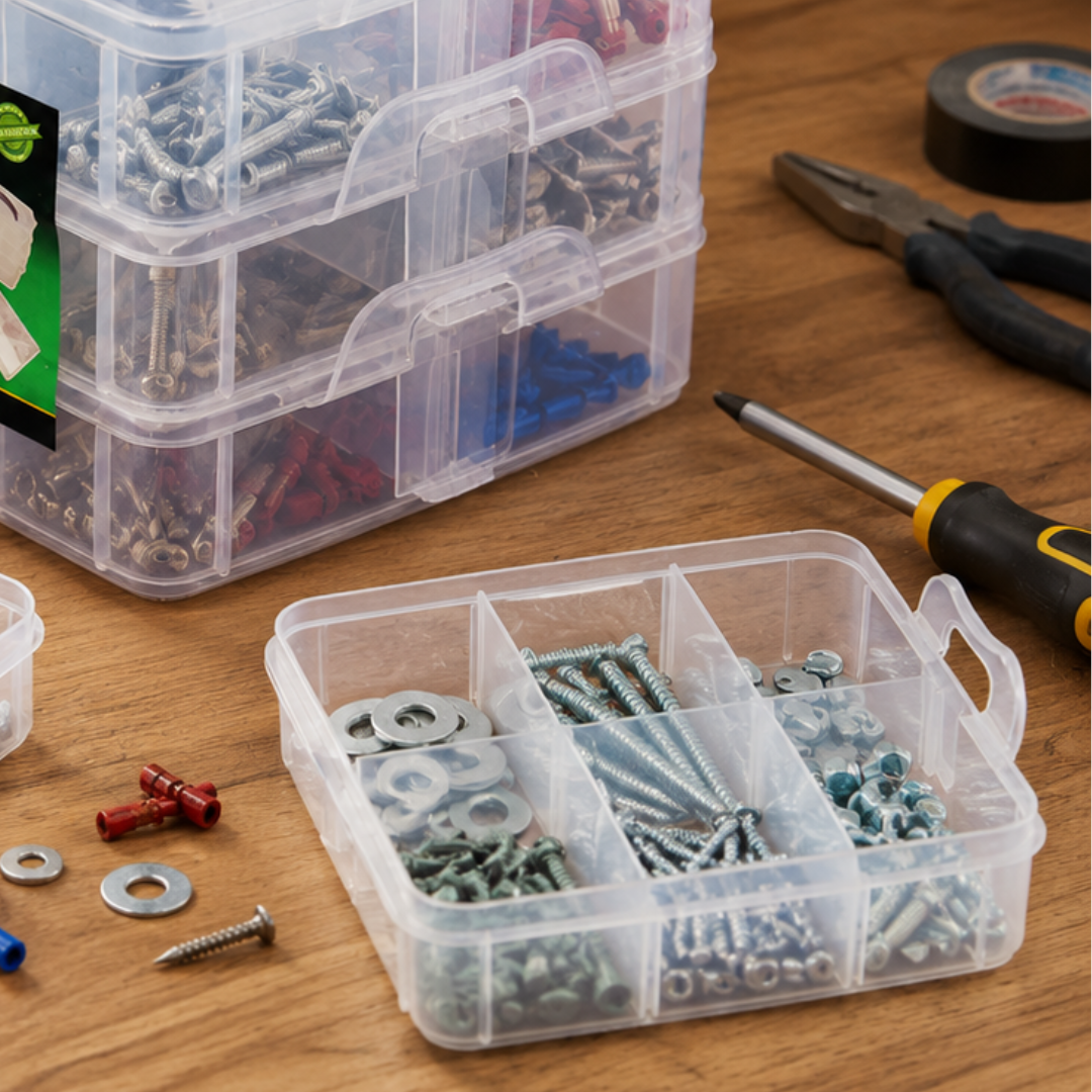 3 Layer Stack-On Clear Plastic Storage Box with Removable Dividers, Portable Small Parts Organizer with Handle for Beads, Crafts, Screws, Nuts, Bolts, Washers – TJ-48839
