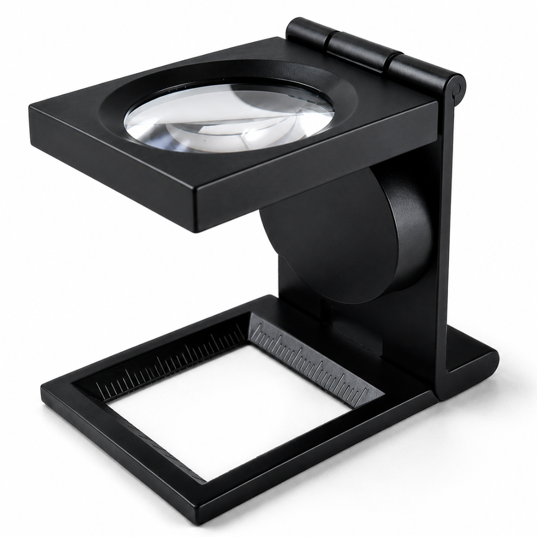 6X Folding LED Pocket Magnifier with 30mm Glass Lens, Black Metal Frame, Built-In SAE & Metric Rulers, Compact Jeweler Loupe Magnifying Glass with Carrying Case