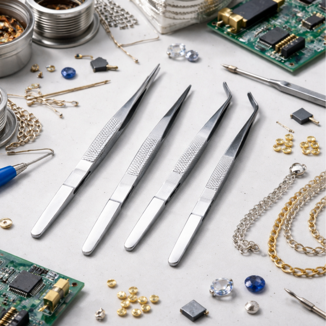 4 Pc Precision Tweezer Set – Straight & Curved Tips, Serrated Grip, 5"–7" Stainless Steel Tweezers – S1-08641