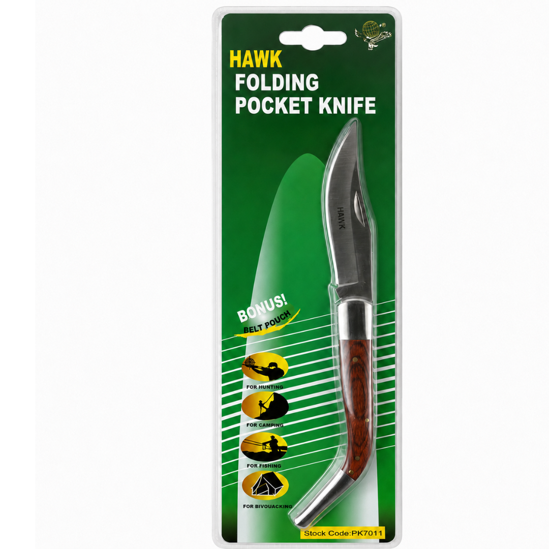 8 Inch Rosewood Curved Folding Pocket Knife with 3.5 Inch Blade and Nylon Belt Pouch for Camping, Fishing and Outdoor Us