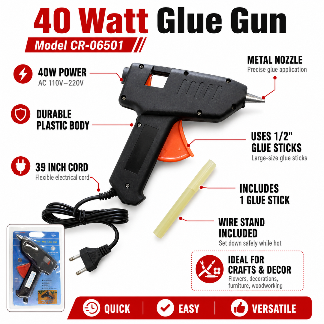 40 Watt Hot Glue Gun with 39-Inch Cord, 110V-220V Electric Glue Gun for Crafts, Floral Arrangements, Decorations, Wreaths, Furniture Repair & DIY Projects, Includes 1 Large Glue Stick - CR-06501