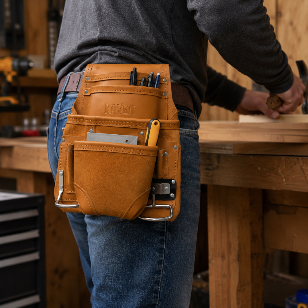Leather Tool Pouch for Belt, 10 Pocket Tool Organizer with 2 Metal Hammer Holders, Heavy Duty Belt-Worn Construction Pouch for Carpenters, Electricians, Contractors & DIY Work