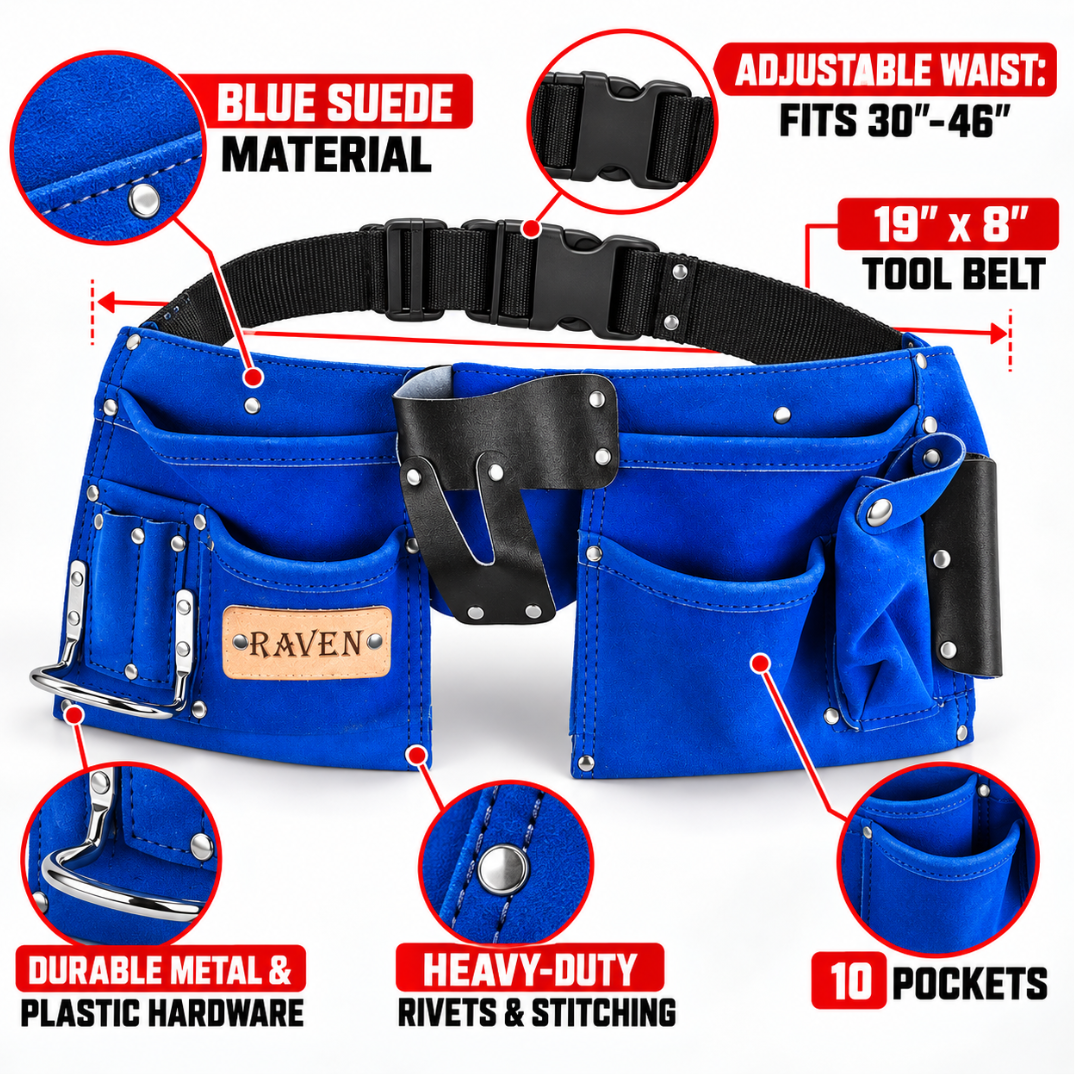 Blue Suede Tool Belt with 10 Pockets, Adjustable 30"–46" Waist, Heavy-Duty Riveted Construction, Hammer Holder & Tool Pouches for Construction, Carpentry, Roofing and DIY