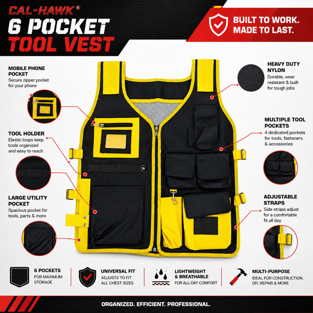 6 Pocket Tool Vest, Heavy Duty Nylon Work Vest with Adjustable Straps, Multi-Pocket Tool Organizer for Construction, DIY, Repair & Workshop Use, Black & Yellow