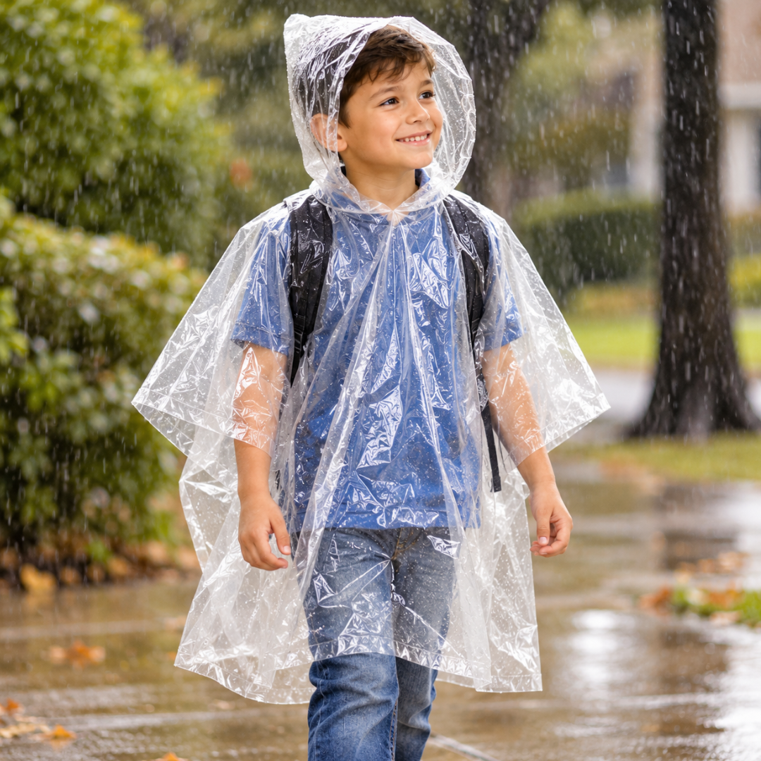 4 Pack Clear Hooded Children's Rain Poncho – Lightweight Waterproof Polyethylene Plastic, Reusable Emergency Rain Protection for Camping, Travel, Hiking & Outdoor Events