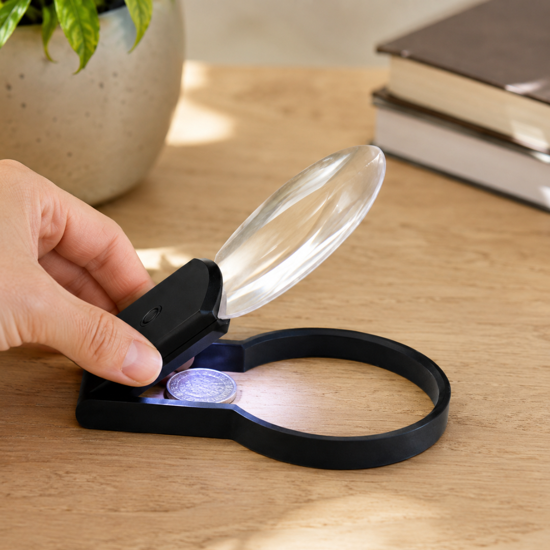 3X Tilt-Up Tabletop Magnifier with 2 LED Lights – 2.5-Inch Hands-Free Reading Lens for Coins, Stamps, Maps, Crafts and Small Print – MG-14746