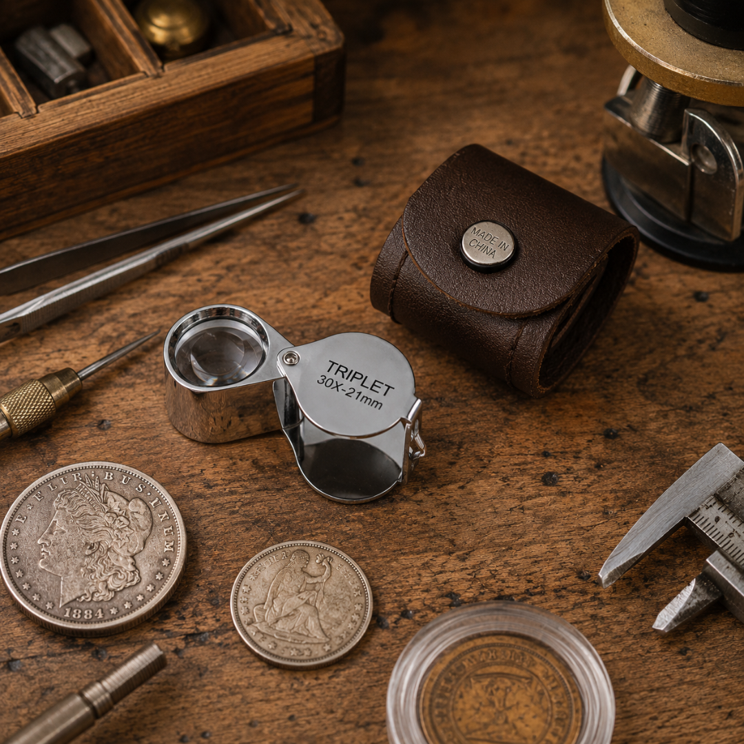 30X Chrome Triplet Jeweler’s Loupe Magnifier, 21mm Glass Lens Pocket Magnifier with Leather Pouch, Metal Folding Inspection Tool for Jewelry, Coins, Stamps, Watches & Appraisals