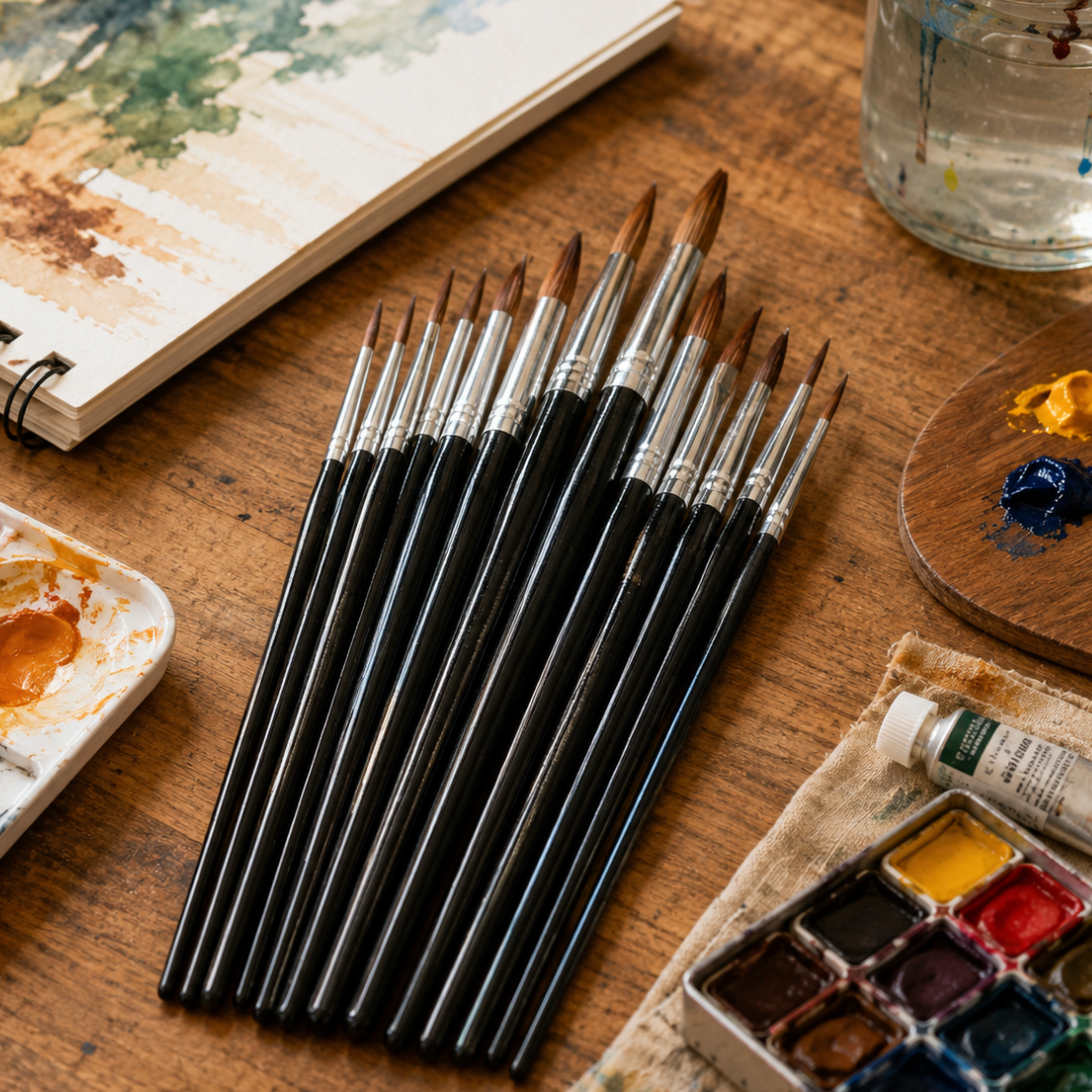 Artist’s Pointed Paint Brush Set, 12-Piece Round Detail Brushes, Sizes 1–12, Black Wood Handles for Acrylic, Watercolor and Oil Painting