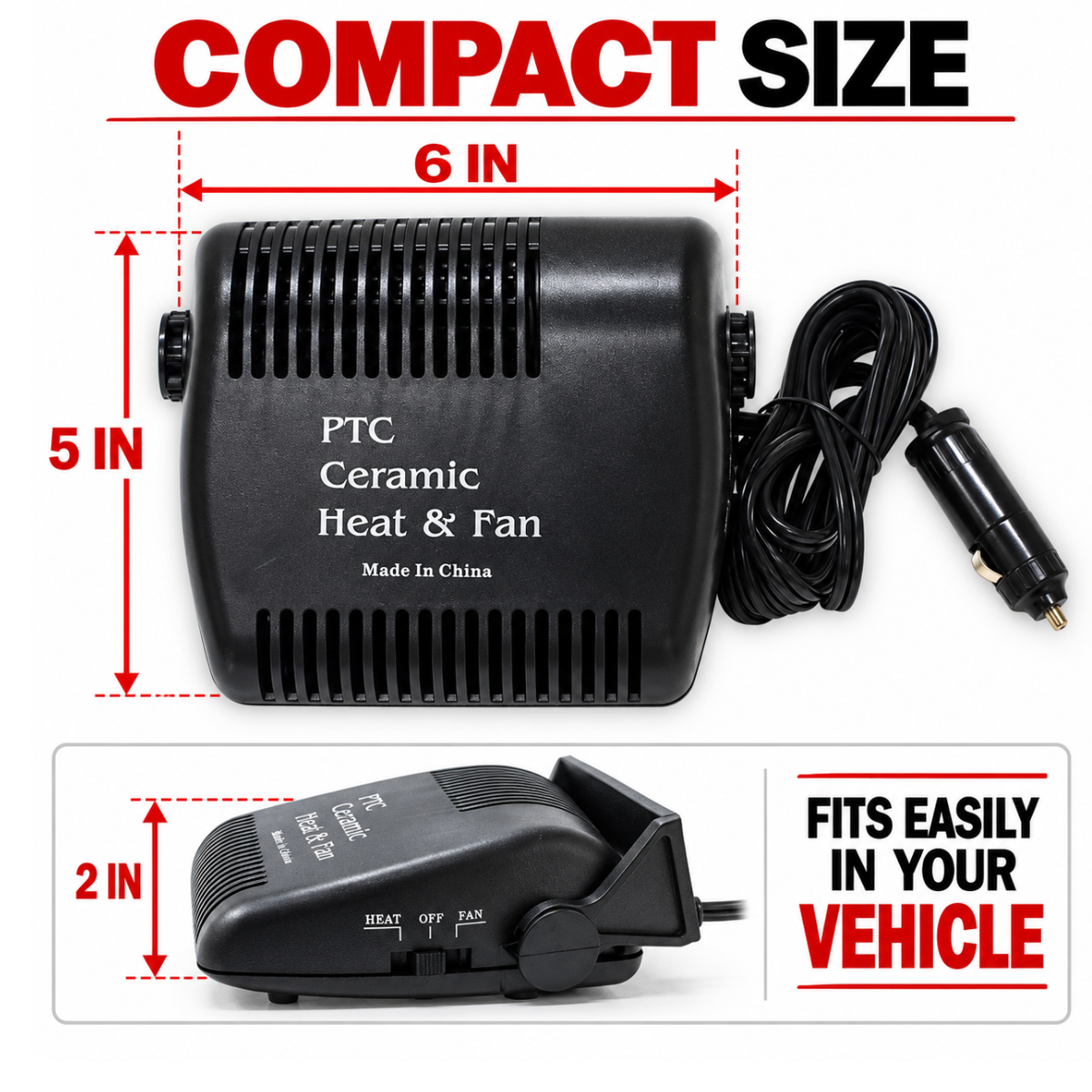 Road Genie 12V Car Heater & Fan, 120W Portable Automotive Windshield Defroster with Heat/Fan Settings, Adjustable Mounting Bracket and Cigarette-Lighter Plug, 6 x 5 x 2 Inches