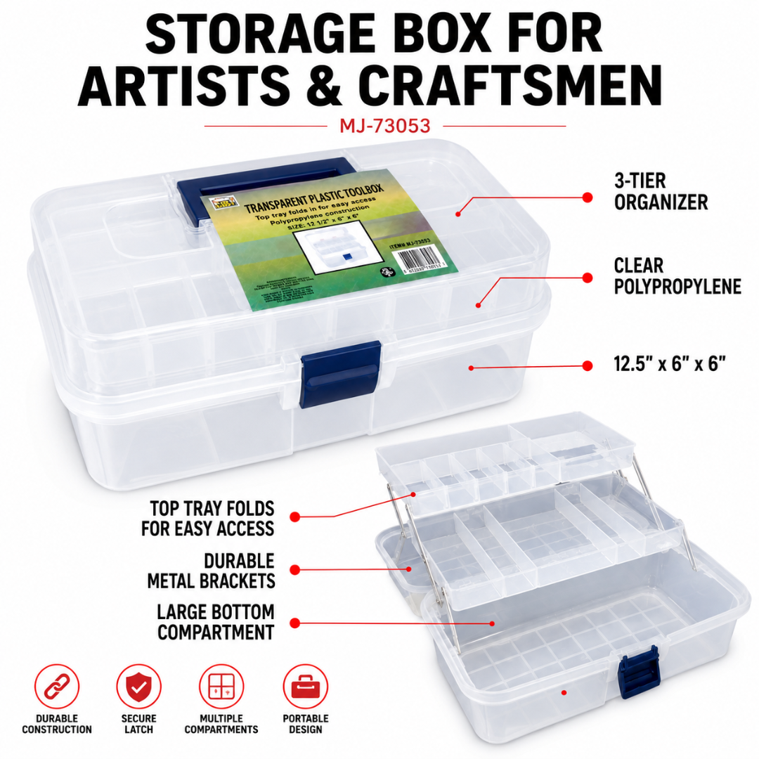 Artist & Craft Storage Box, 3-Tier Clear Plastic Organizer with Lift-Up Trays, Portable Art Supply Case for Paint Brushes, Colored Pencils, Paints, Sewing Supplies & Crafts, 12.5" x 6" x 6"