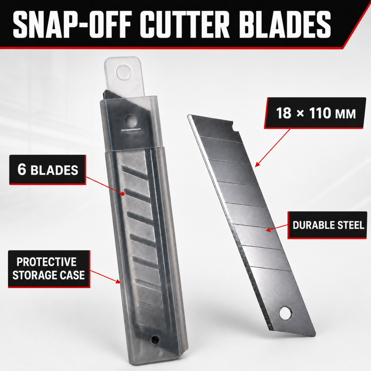 18mm Snap-Off Utility Knife Replacement Blades, 3-3/4 x 3/4 Inch, Pre-Scored Metal Blades with Protective Storage Cases, 6 per Case, Pack of 4 (24 Blades Total)