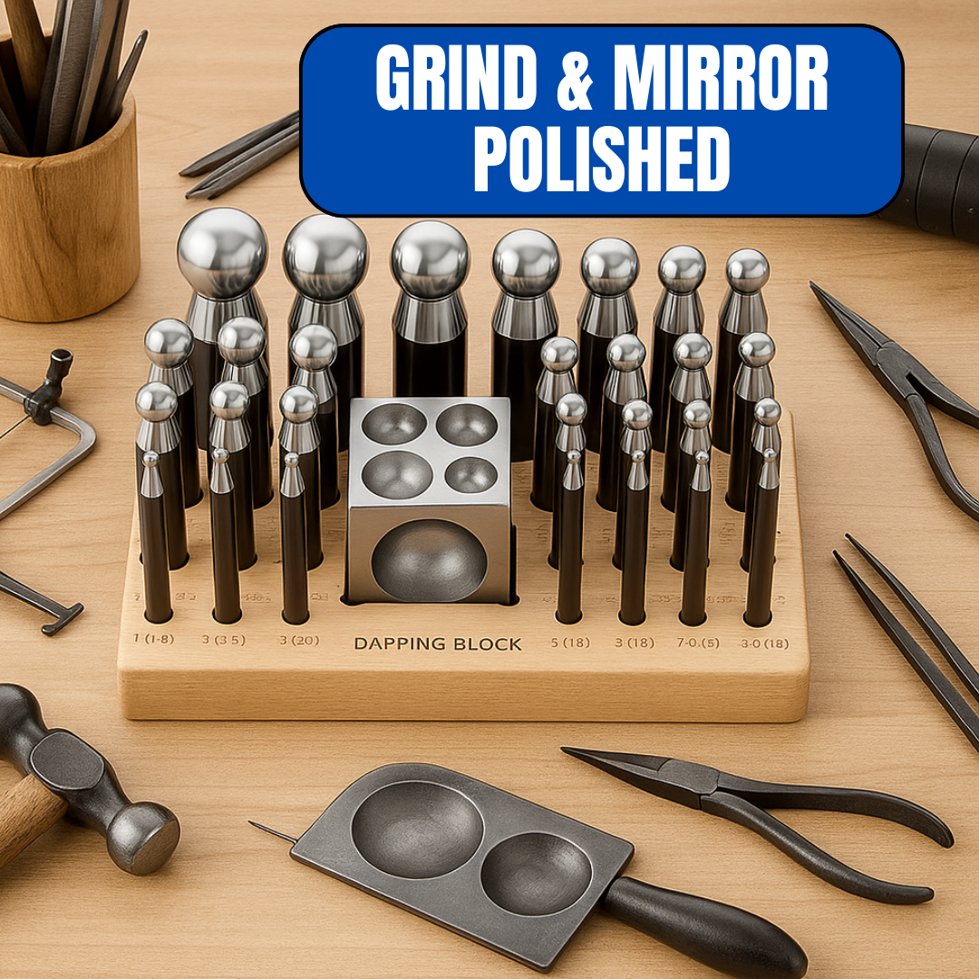 Doming & Punch Set with 24 Steel Punches (2.3–25mm), 2" Doming Block & Wooden Organizer Tray – Metal Forming & Jewelry Making Tool Kit – Professional Quality – TJ01-29881