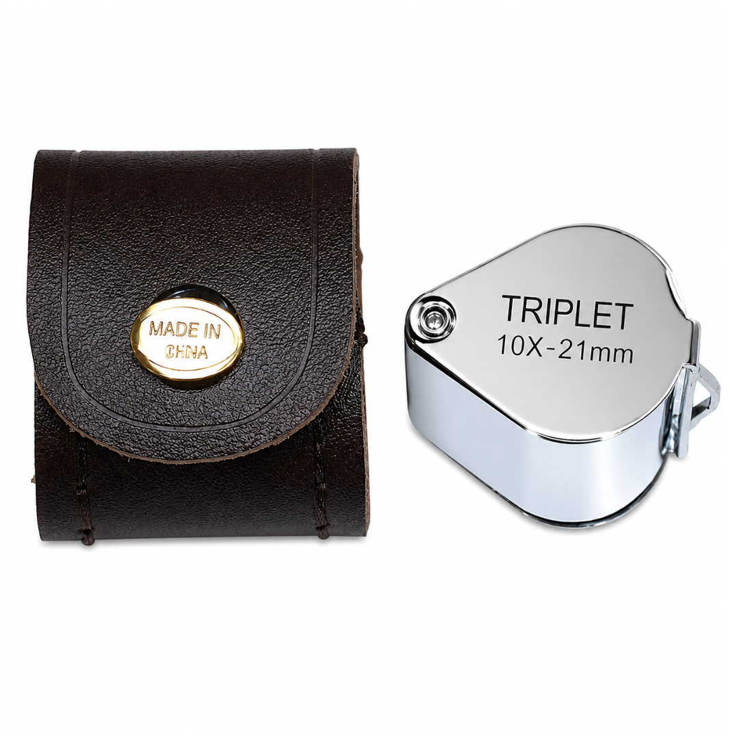 21mm Triplet Jeweler’s Loupe Magnifier – 10X Folding Pocket Magnifying Glass with Stainless Steel Body & Leather Storage Pouch for Jewelry, Coins, Stamps, Watches and Gem Inspection