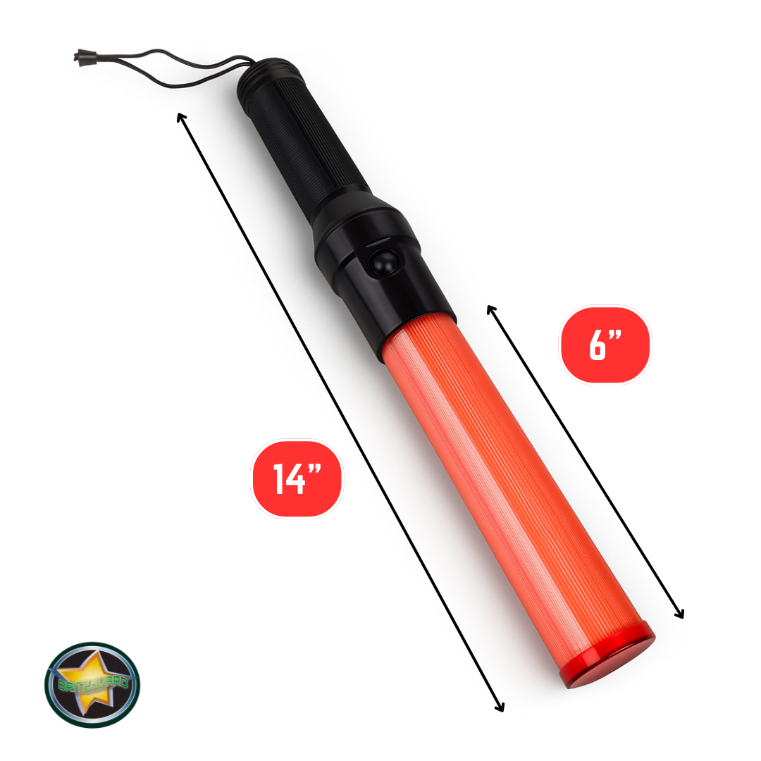 High Visibility Safety Traffic Baton – 14" Orange LED Wand with Flashing & Steady Modes, Black Handle, Carry Strap – For Road Work, Parking Lots & Traffic Contro