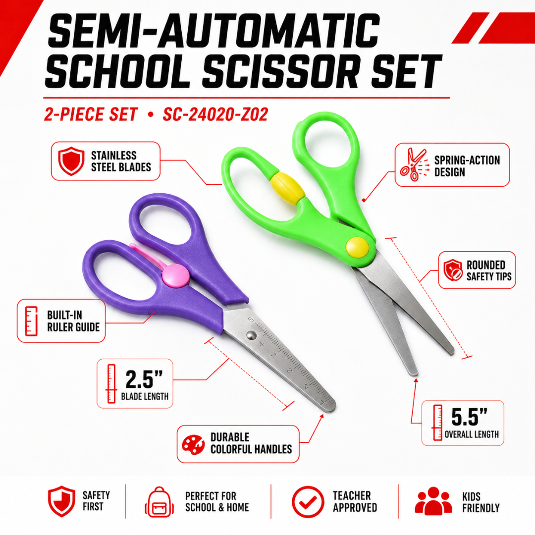 Semi-Automatic School Scissors 2-Piece Sets, Pack of 2 Sets, 4 Total Scissors, 5.5 Inch Spring Action Kids Scissors with Rounded Safety Tips, Bright Colors, Side Ruler, Classroom Desk Backpack Supplies