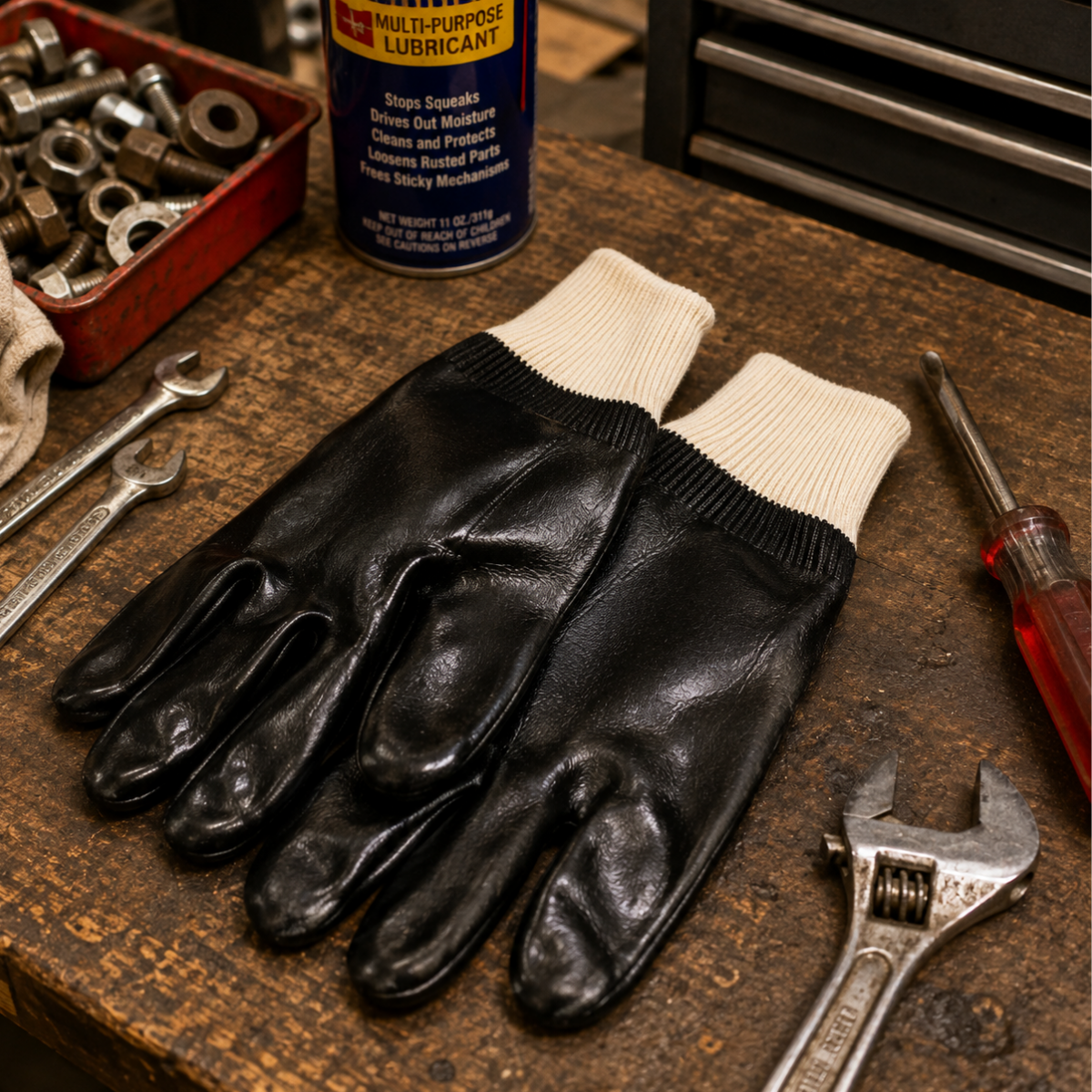 Men's Black PVC Coated Work Gloves with Knit Wrist, Interlock Lined, Single Dipped - Large (Pack of 12 Pairs) - GL-09000-Z12