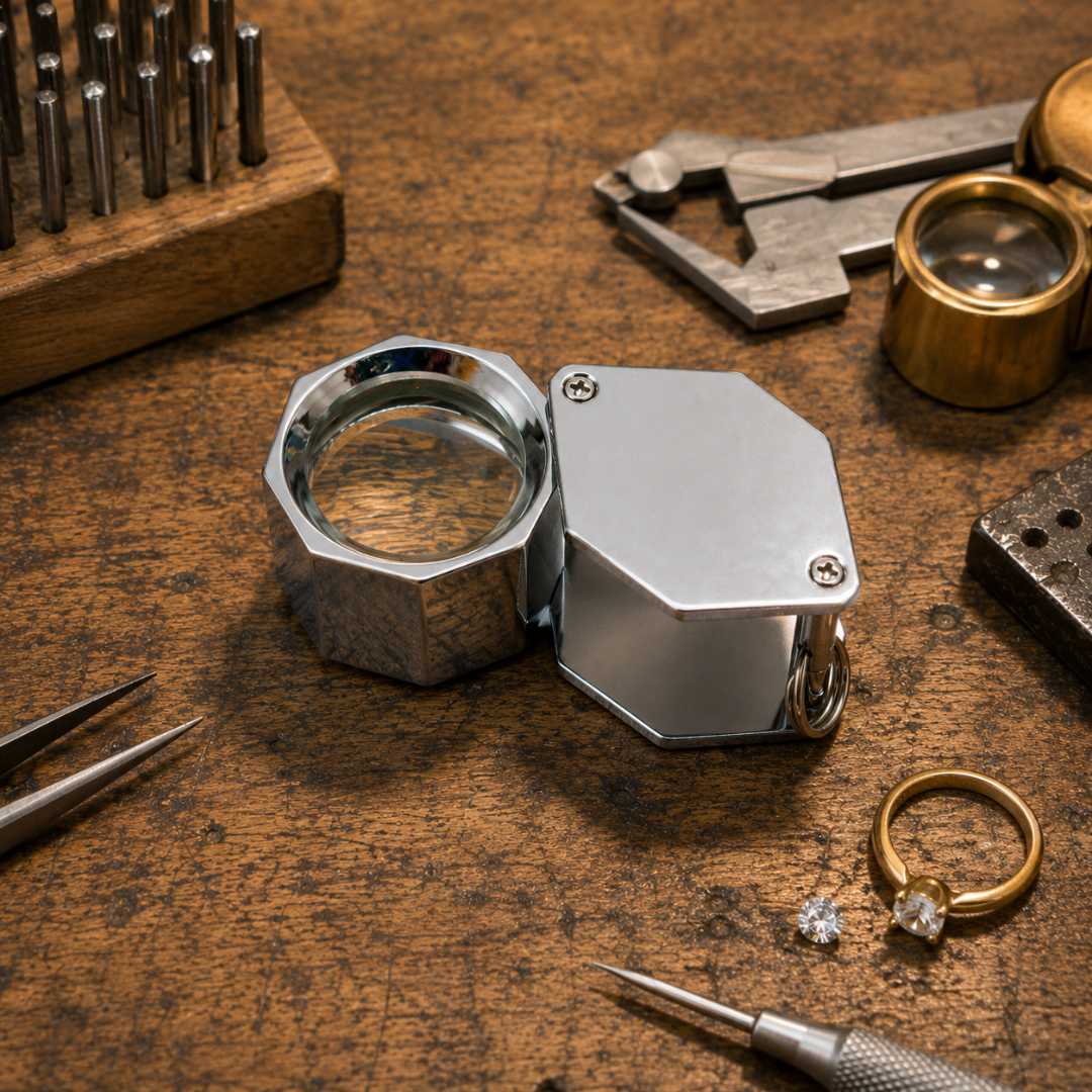 10X Hexagonal Mini Jeweler’s Loupe Magnifier, Silver Metal Pocket Magnifying Glass with 18mm Lens, Keychain Loop & Leather Pouch for Jewelry, Coins, Stamps, Watches & Appraisals