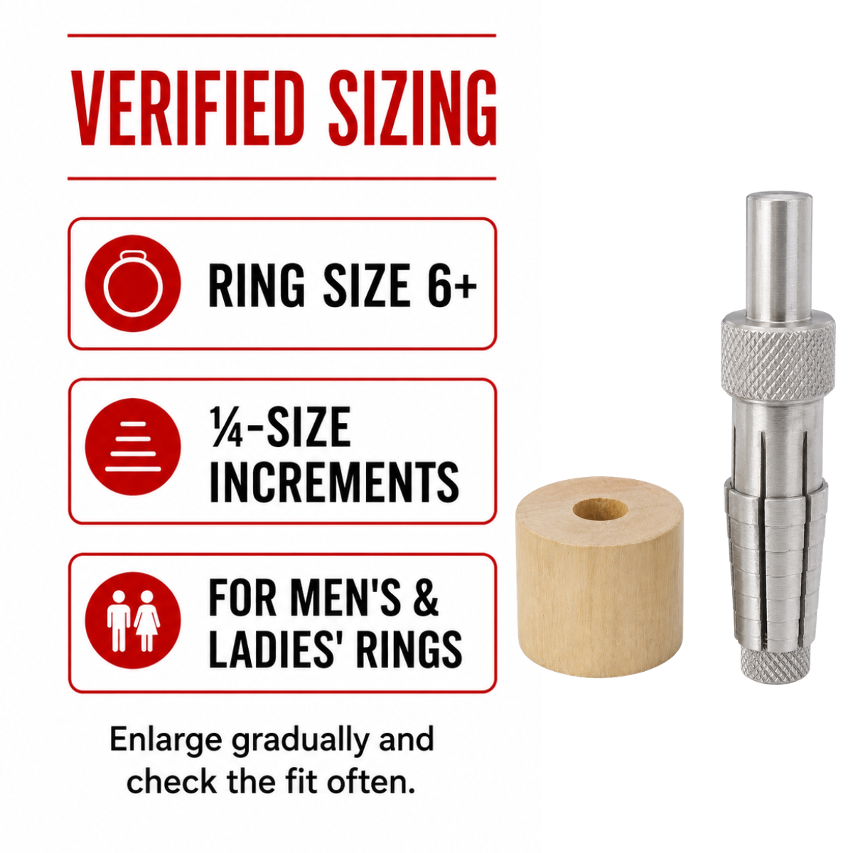 Rathburn Ring Stretcher with 6-Segment Stepped Expanding Mandrel and Wooden Base, Ring Size 6+ in 1/4-Size Increments – TJ01-09770