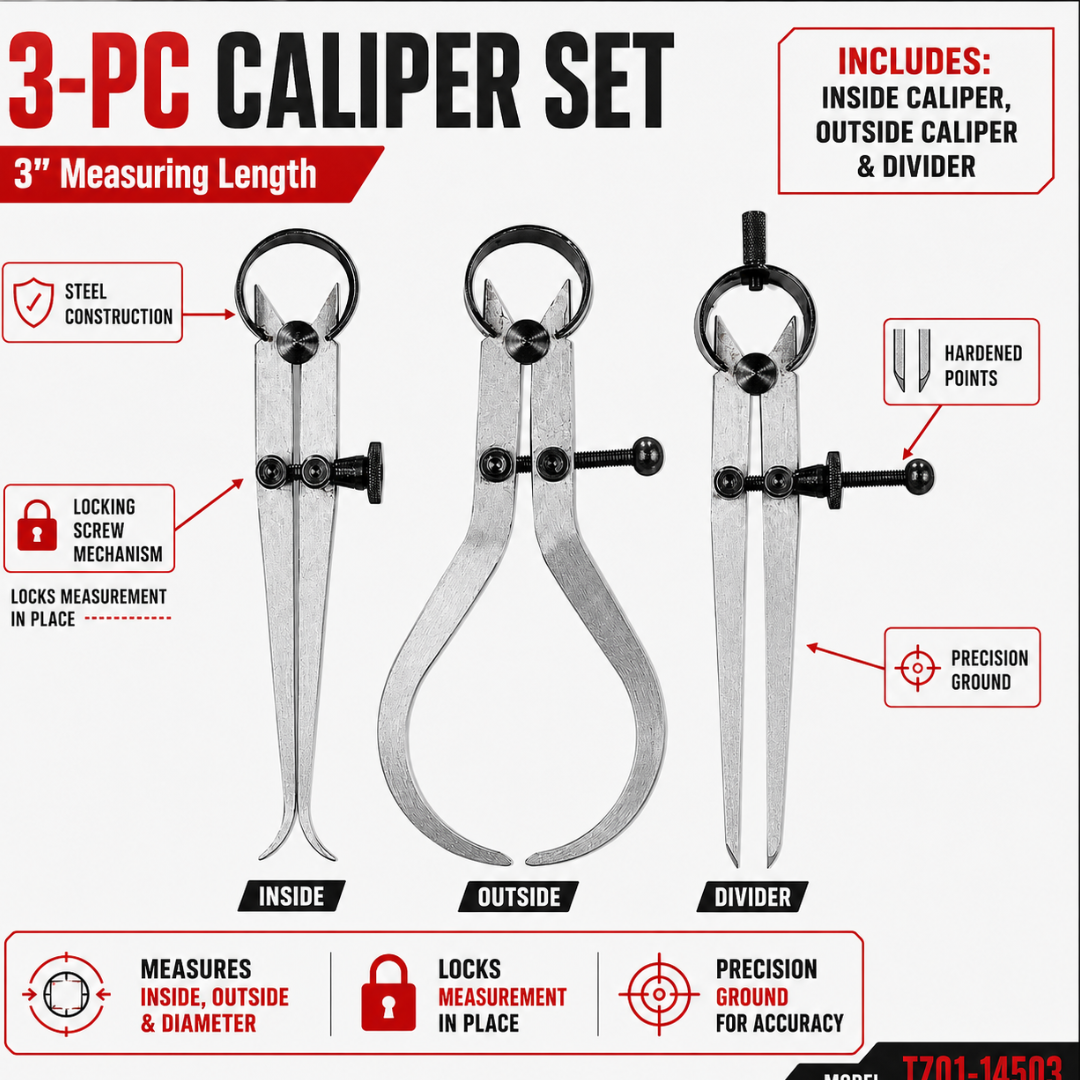 3 Piece 3 Inch Steel Caliper Set with Inside Caliper, Outside Caliper & Divider, Locking Screw Adjustment, Hardened Points, Precision Ground Measuring Tool - TZ01-14503