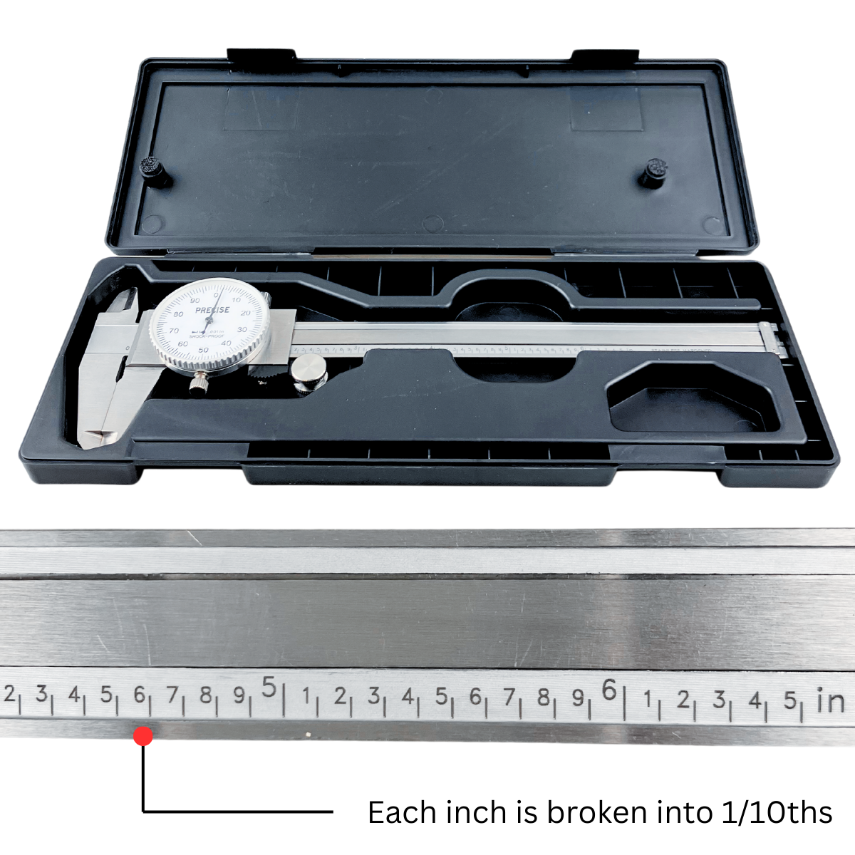 6" (15.24 cm) SAE Vernier Caliper | 0.001" Accuracy | Shockproof Dial | Stainless Steel | Satin Chrome Finish | 4-Way Measurement