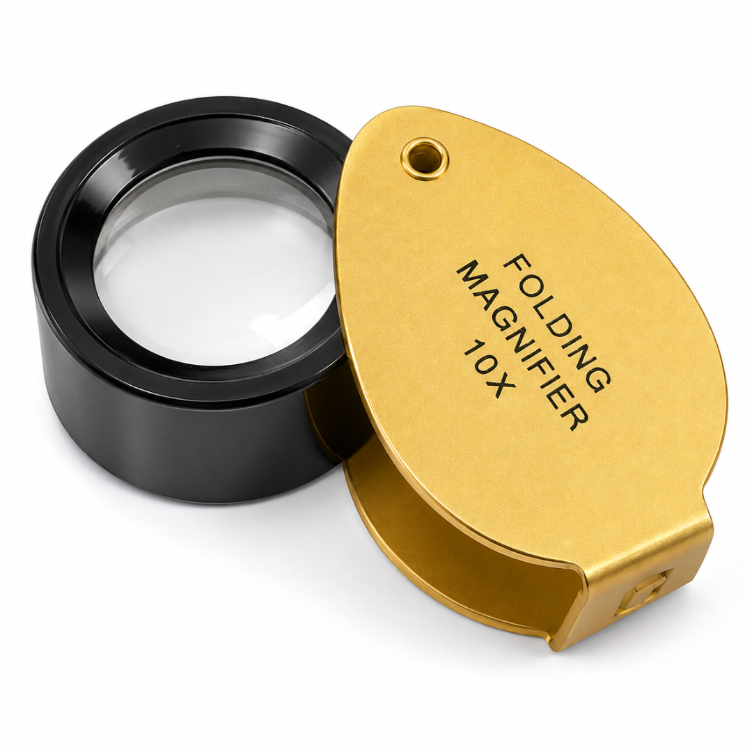 Gold Jeweler’s Loupe Magnifier 10X, Pocket Folding Magnifying Glass with 15mm Lens, Brass-Color Housing, Black Framed Lens for Jewelry, Coins, Stamps, Gems, Hobby Inspection, Pack of 2