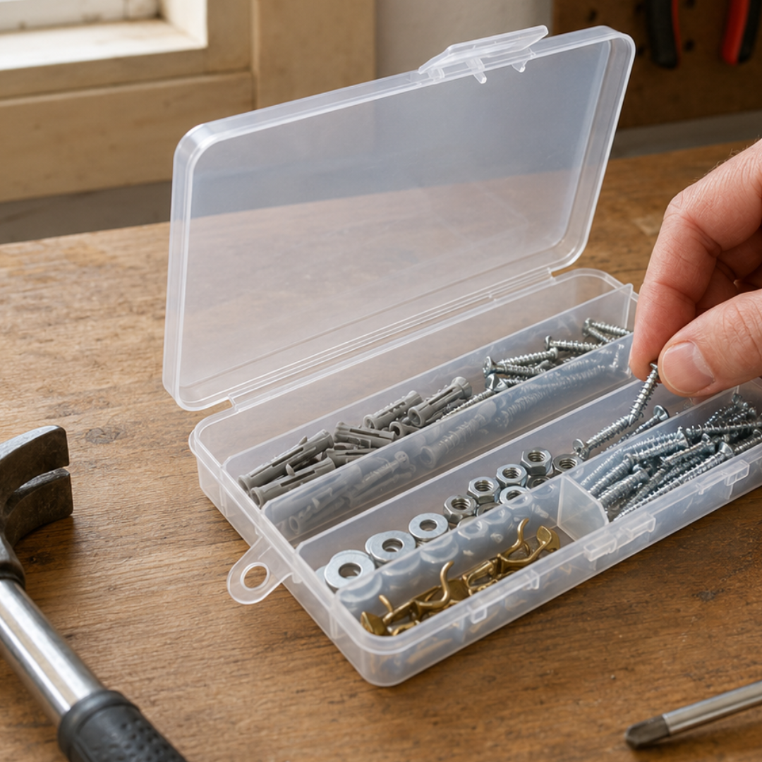 5-Compartment Plastic Organizer Box, Pack of 2, 6.75 x 3.5 Inch Frosted Clear Small Parts Case with Hinged Lid and Hanging Hook for Beads, Crafts, Sewing and Hardware