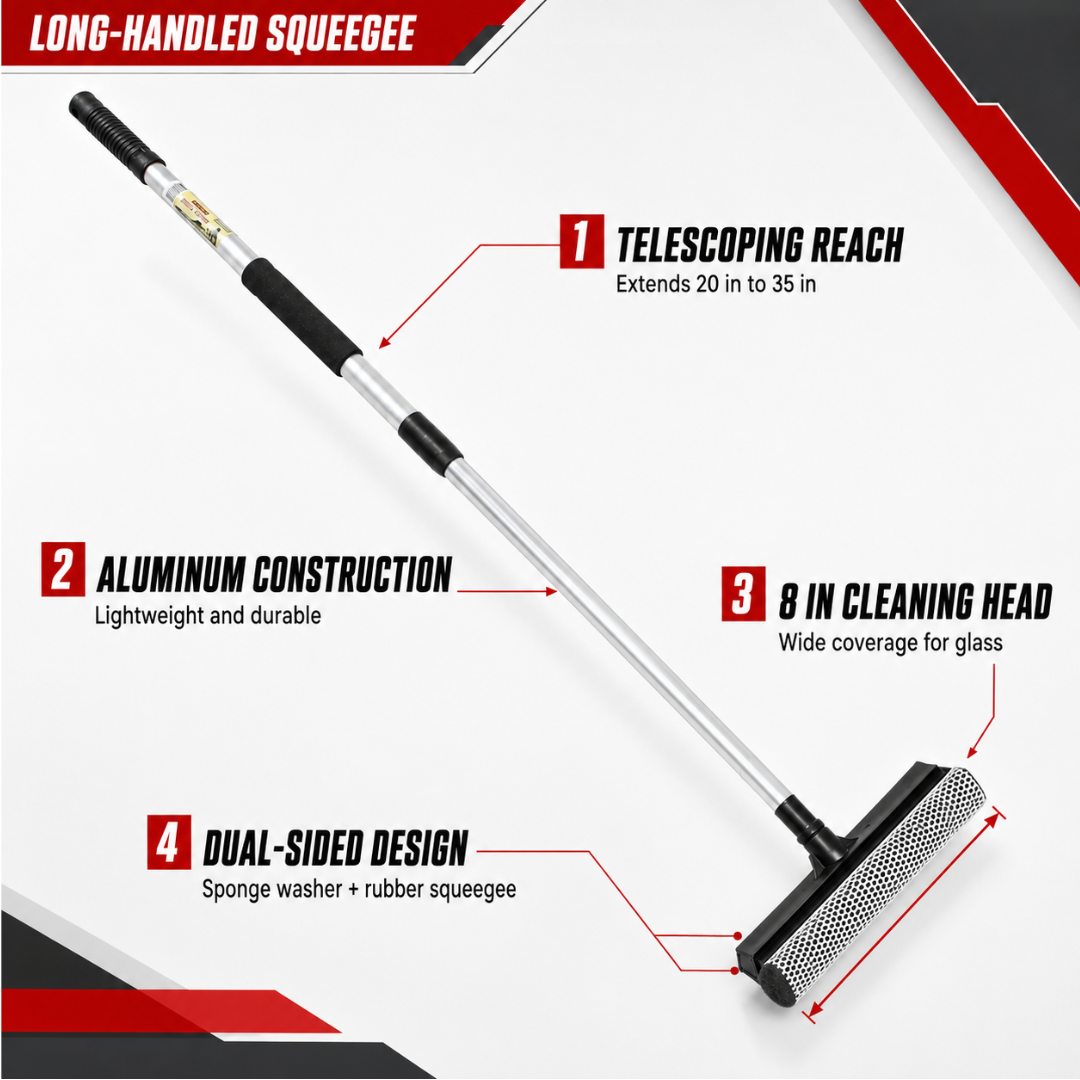 Long-Handled Window Squeegee, 20–35 Inch Telescoping Aluminum Pole, 8 Inch Dual-Sided Sponge Washer and Rubber Blade for Glass Doors, Windows, Vans and RVs