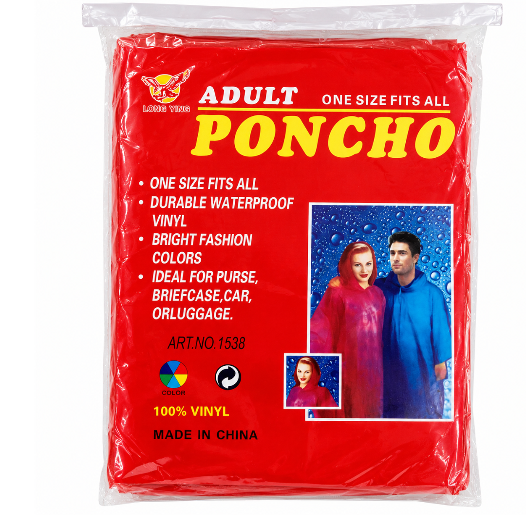 Adult Waterproof Rain Poncho with Hood – Durable Red Vinyl, Lightweight, Compact & Portable, One Size Fits Most, Emergency Rain Gear for Travel, Camping, Hiking & Outdoor Events