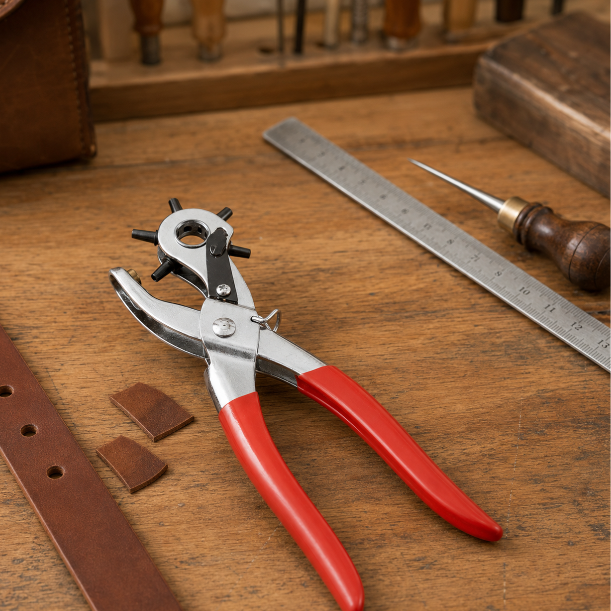 Revolving Leather Hole Punch Pliers with 6-Size Rotating Head, Heavy-Duty Metal Body and Comfort-Grip Handles for Belts, Purse Straps and Leather Crafts