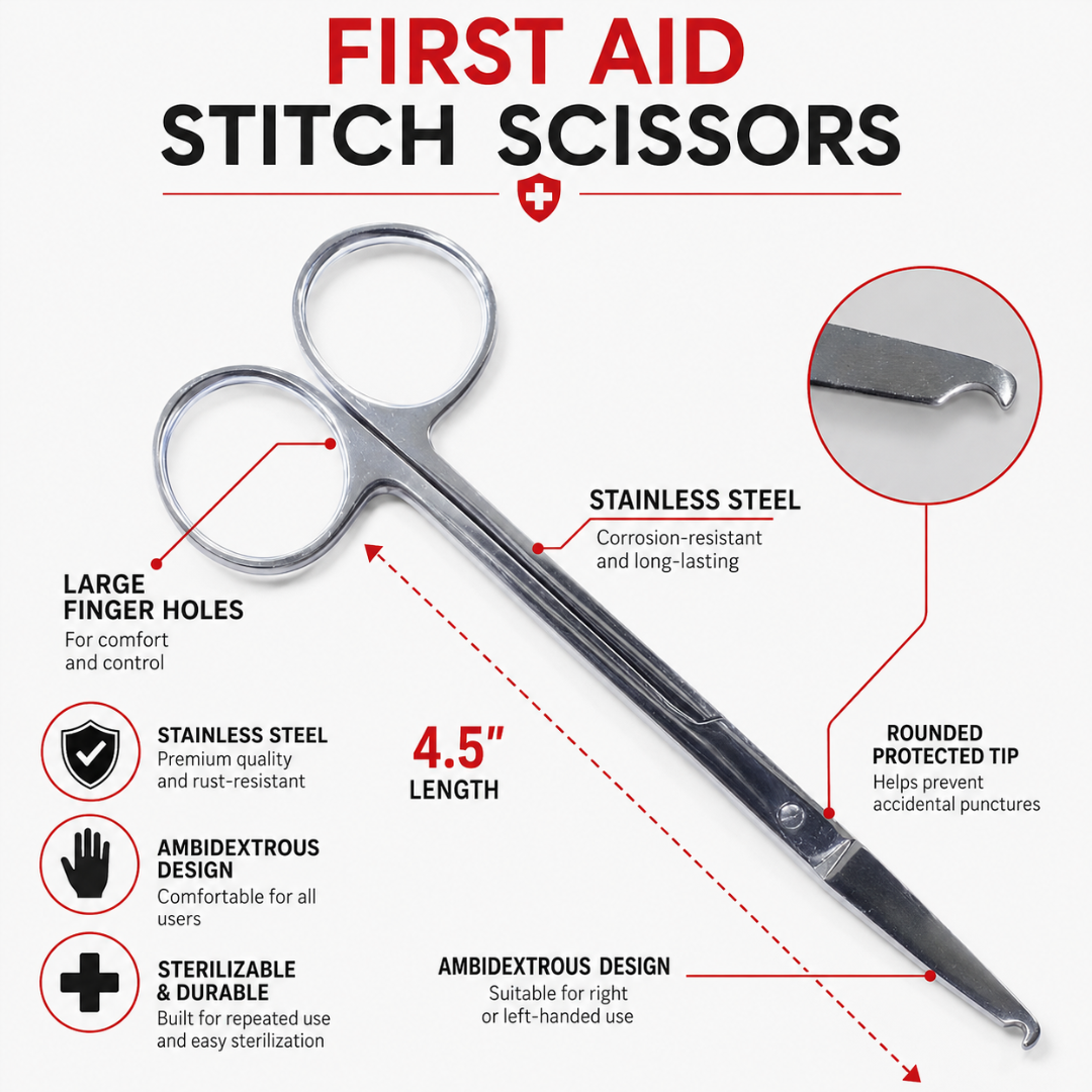 4.5" First Aid Stitch Scissors, Stainless Steel Medical Scissors with Rounded Protected Tip, Ambidextrous Finger Rings, Sterilizable Bandage & Suture Removal Scissors, Pack of 2