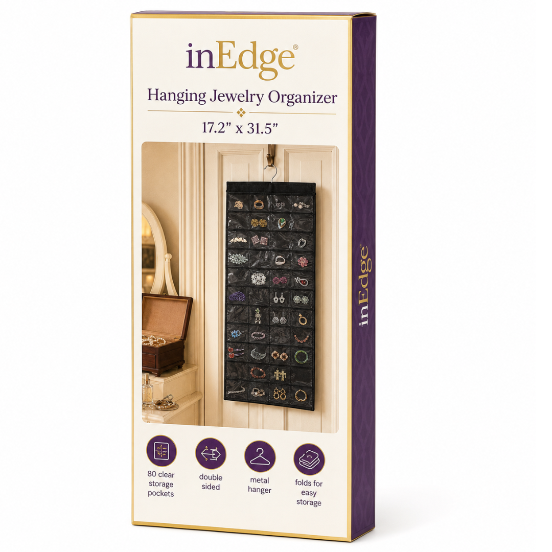 80-Pocket Double-Sided Hanging Jewelry Organizer with Clear Vinyl Pockets, Black Closet Storage for Earrings, Rings, Necklaces and Accessories, 37 x 17.5 Inches