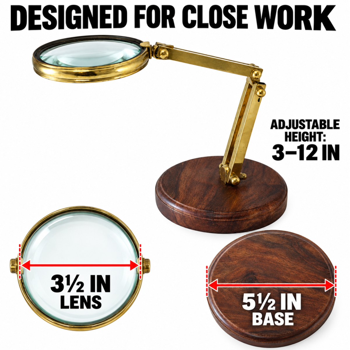 2X Adjustable Tabletop Magnifier with 3½-Inch Glass Lens, Brass Arm and 5½-Inch Solid Wood Base