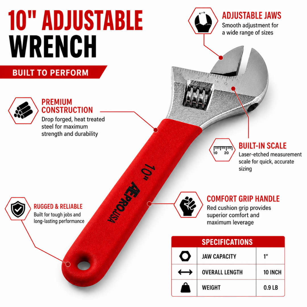 10" Adjustable Wrench – Heavy Duty Drop Forged Steel – Wide Jaw Capacity – Non-Slip Grip Handle – Adjustable Spanner Tool for Plumbing & Automotive