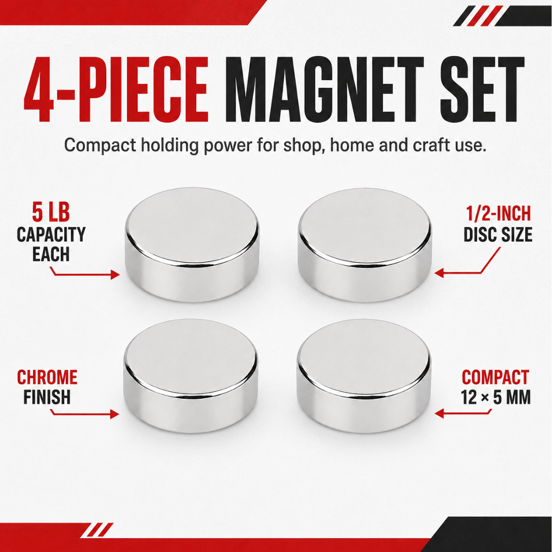 4-Piece Ceramic Magnnet Set, 1/2 Inch Diameter, 5 lb Holding Capacity Each, Chrome-Finished Heavy-Duty Magnets for Garage, Workshop, Office & DIY Projects – MC-18863