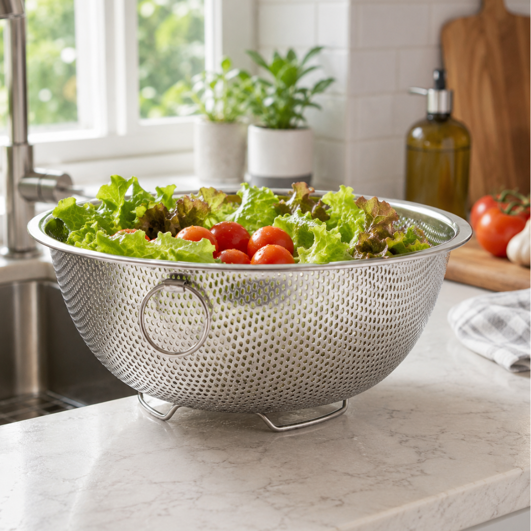 8 Inch Perforated Metal Colander & Strainer, 4 Inch Base with Raised Stand and Ring Handle, Lightweight Kitchen Strainer for Pasta, Fruits, Vegetables & Steaming – U-73318