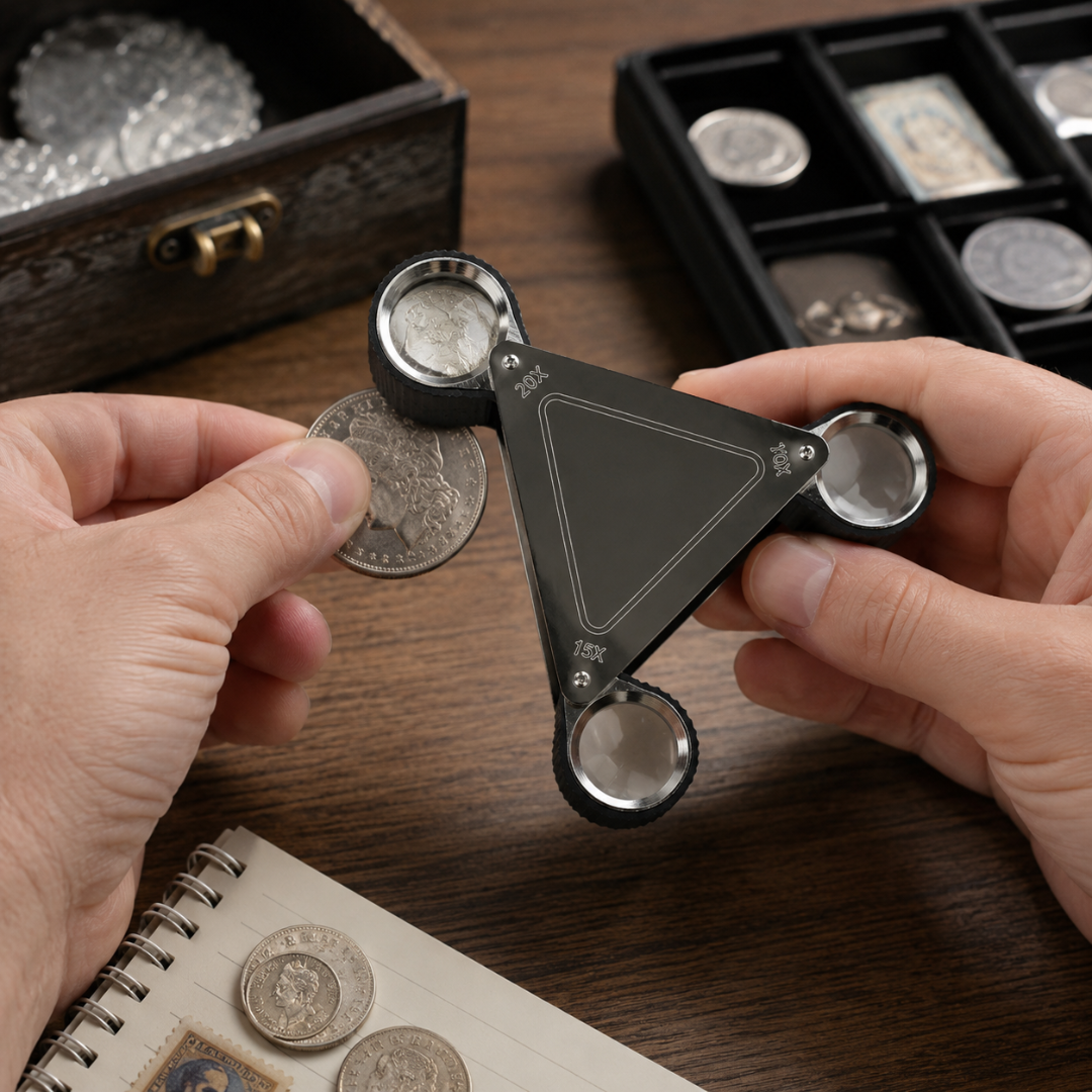 Triangular Jeweler’s Loupe 10X 15X 20X Magnifier, Stainless Steel Folding Triple Lens Pocket Loupe with Glass Lenses, Rubberized Grip Rings for Jewelry, Gems, Coins, Stamps & Watch Inspection – MG-45197