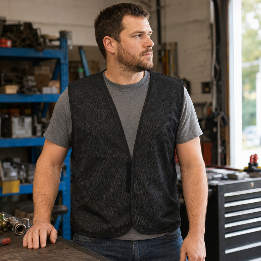 Black Mesh Safety Vest, Non-Reflective Customizable Adult Large Identification Vest, 26 Inch Length, Fits Up to 47 Inch Waist, Hook-and-Loop Closure