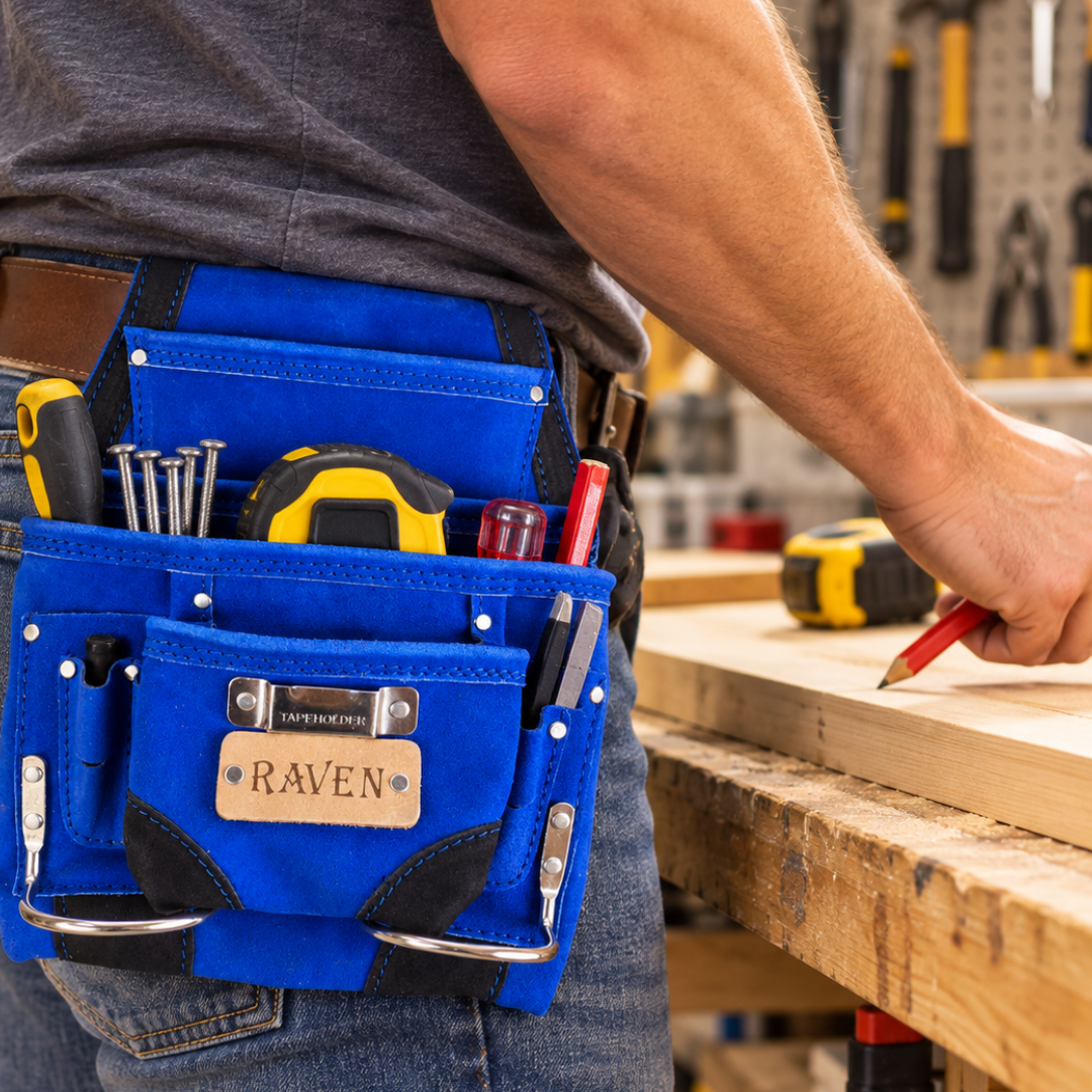 RAVEN Heavy Duty Suede Leather Tool Pouch, Multi-Pocket Carpenter Tool Holder with Dual Metal Hammer Loops, Tape Measure Holder, Reinforced Rivets & Belt Attachment, Blue