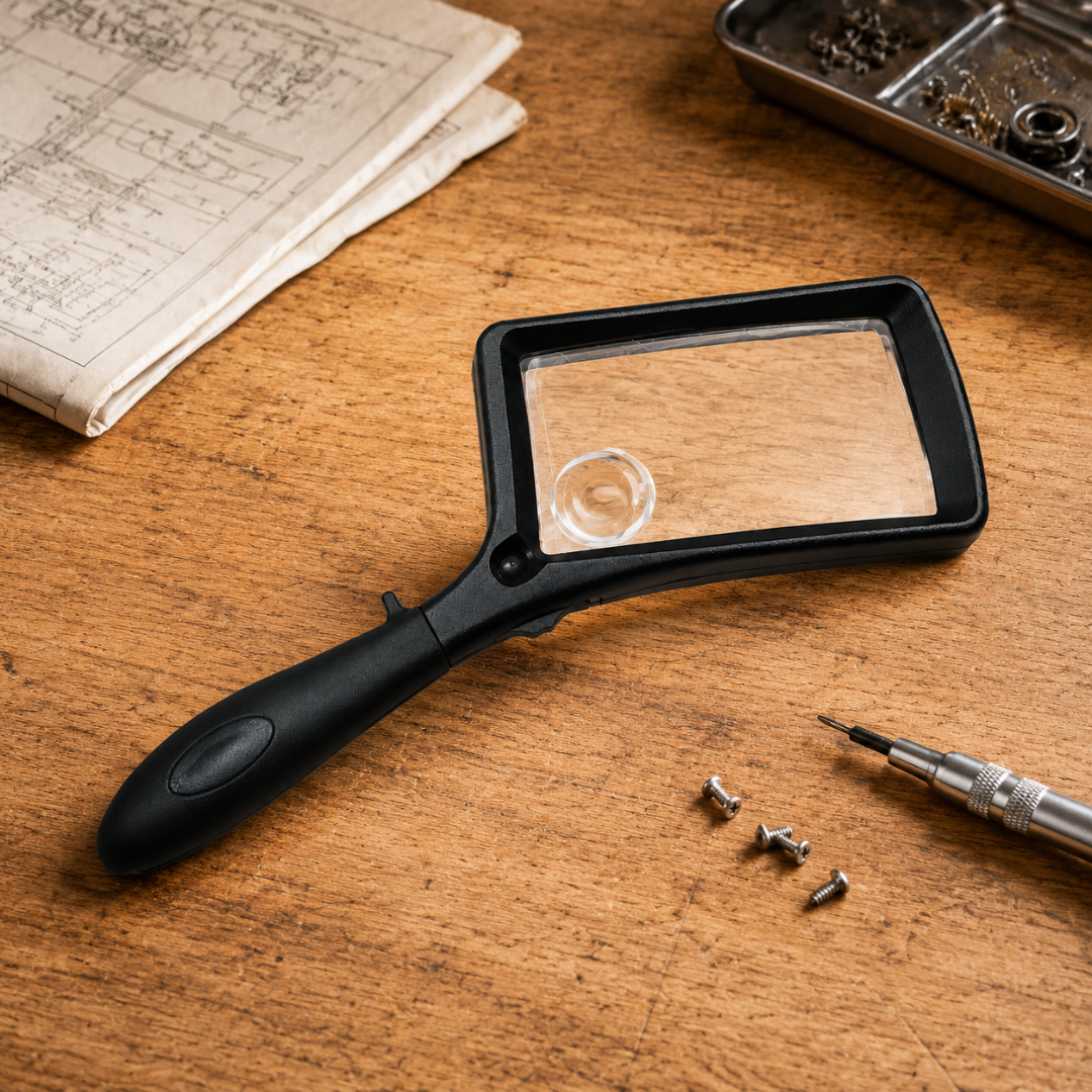 100 × 50 mm Rectangular Handheld Magnifier with 2X Main Lens, 4X Diopter and LED Light – Lightweight Reading Magnifier with Rubberized Easy-Grip Handle – MG-07546