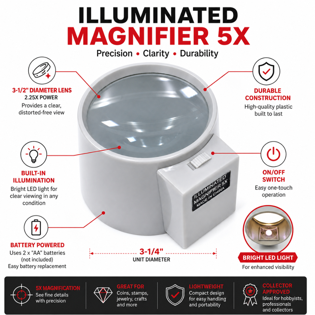 Illuminated Dome Style Magnifier 2.25X Power, 3.5 Inch Lens, Battery Operated Lighted Magnifying Glass for Stamps, Coins, Lab Work & Collectors