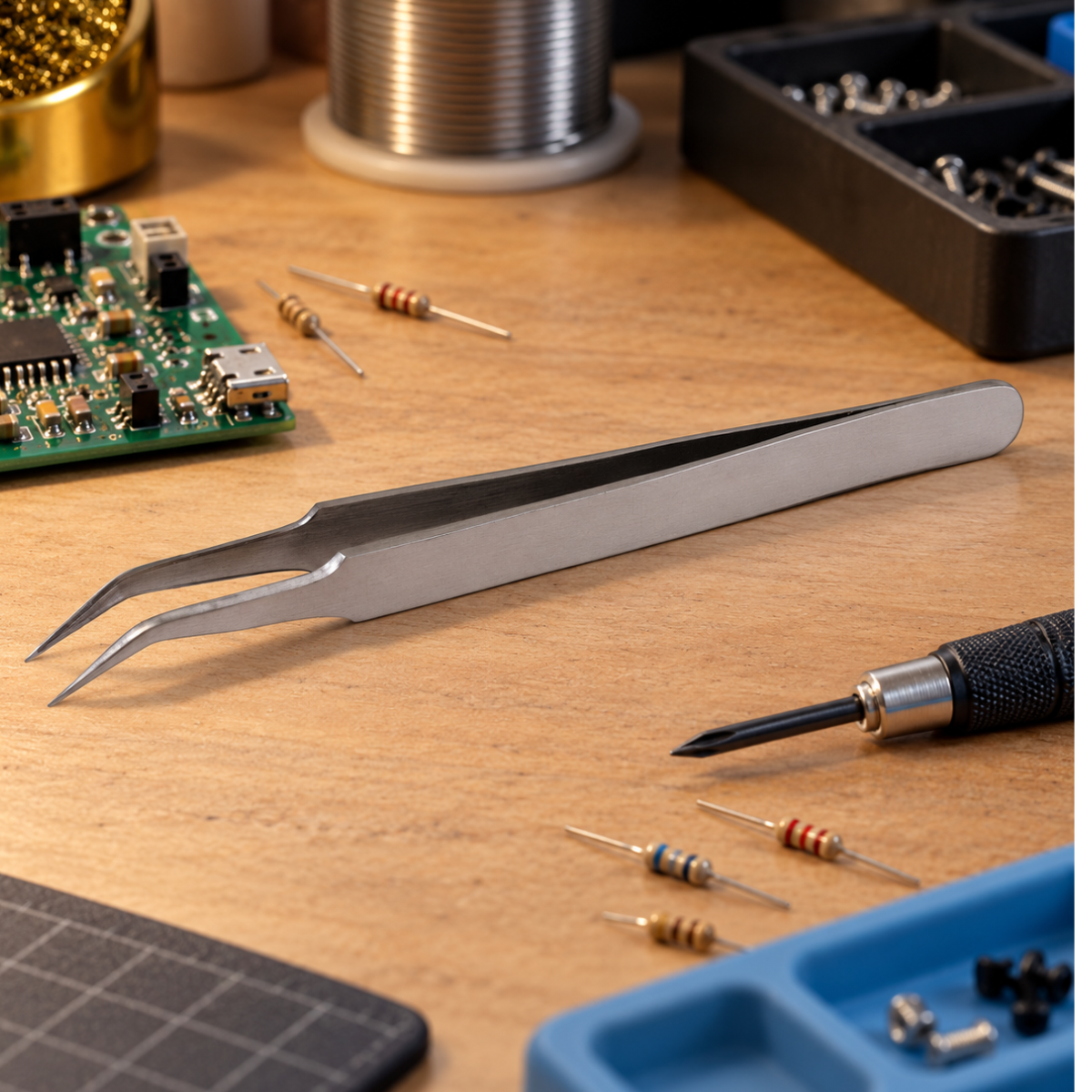 4-3/4 Inch Non-Magnetic Precision Tweezers with Needle Tip, Brushed Stainless Steel, Smooth Jaws for Electronics, Jewelry & Delicate Work – S1-08063