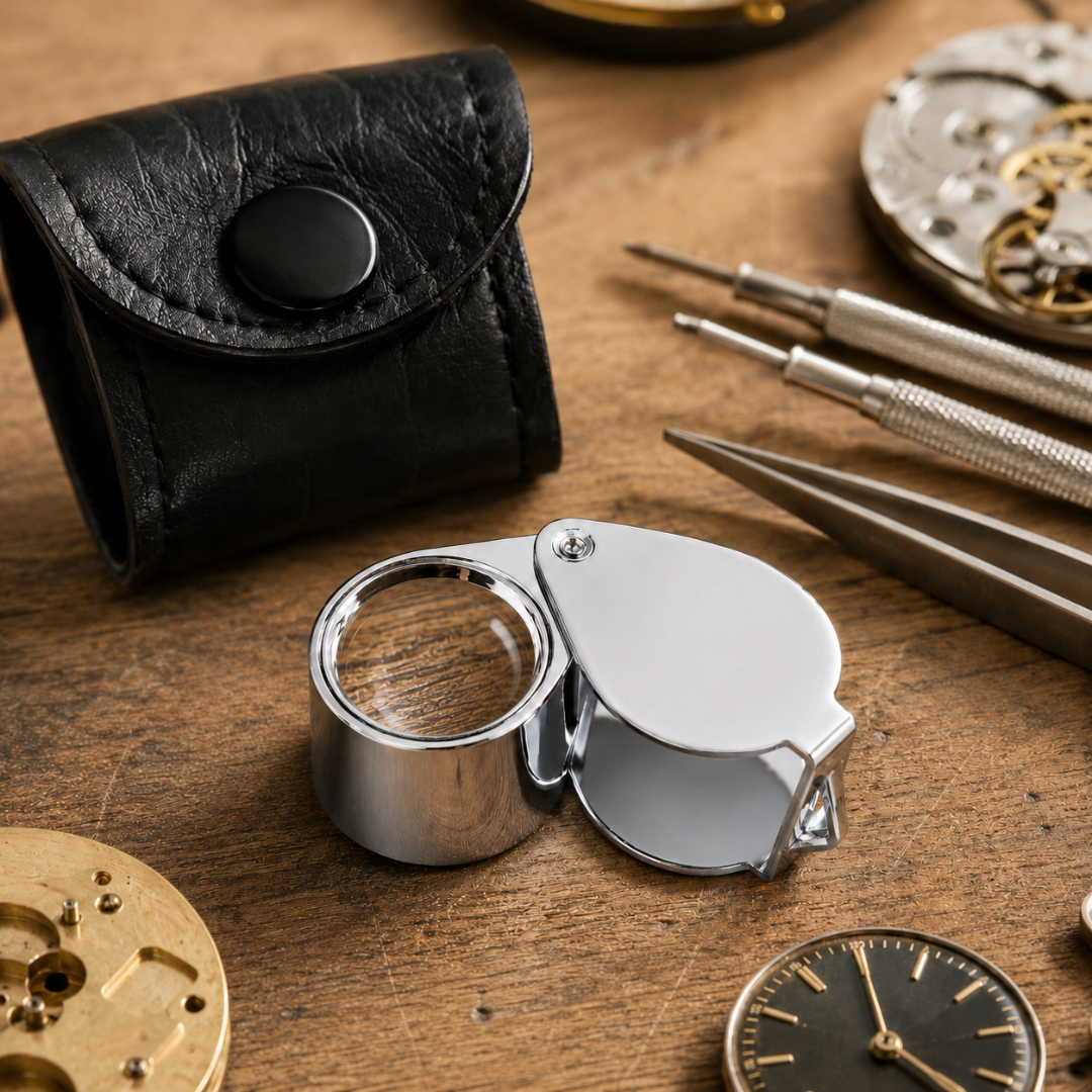 Chrome Jeweler’s Loupe 10X Magnifier with 18mm Glass Lens, Folding Pocket Jewelry Loupe with Swivel Protective Case and Black Storage Pouch for Gems, Coins, Stamps, Watches – MG1510-918