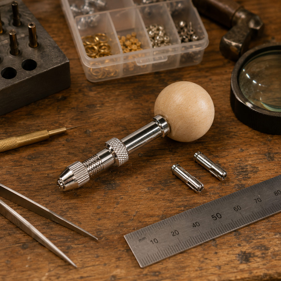 Pin Vise Set with Wooden Ball Handle, 3.5-Inch Manual Precision Hand Drill, Metal Shaft and 2 Extra Collets for Jewelry Making, Models, Crafts and Small Repairs – TJ-991