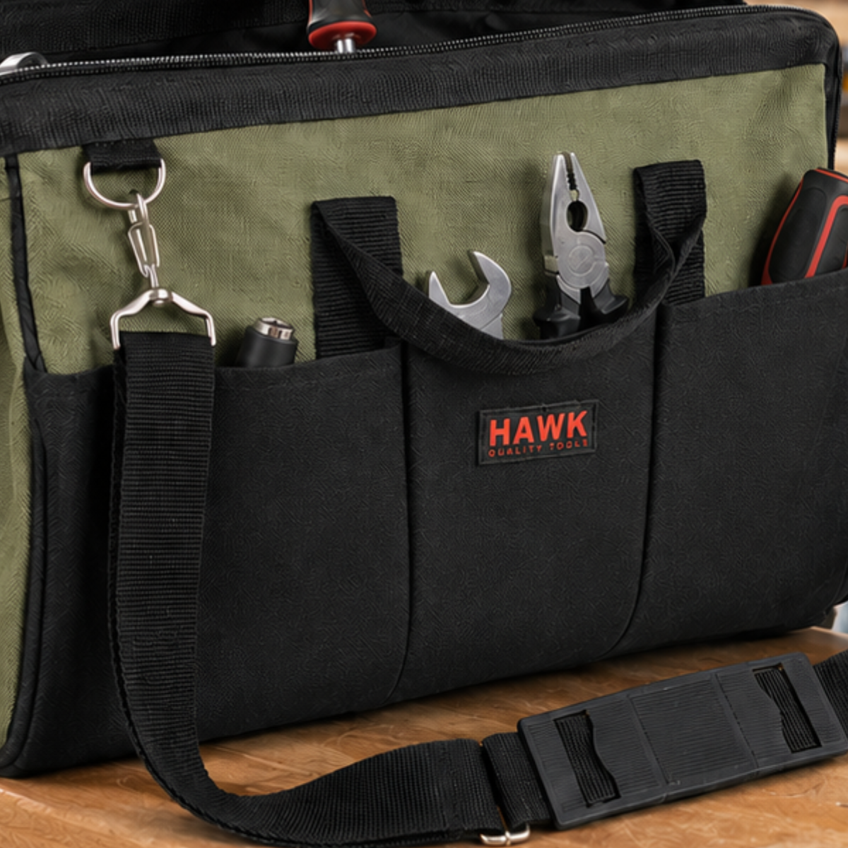 16-Inch Heavy Duty Canvas Tool Bag with 22 Pockets, Wide-Mouth Zippered Tool Organizer with Solid Bottom, Carry Handles and Adjustable Removable Shoulder Strap