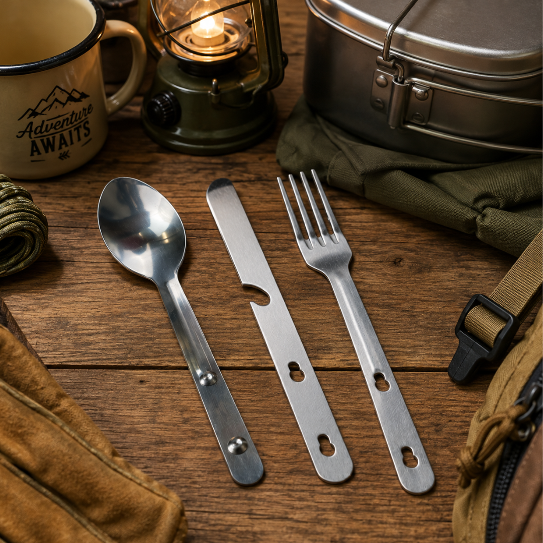 3-Piece Stainless Steel Camping Cutlery Set, Fork Spoon & Knife with Bottle Opener, 6-Inch Portable Utensil Set with Vinyl Snap Pouch for Camping, Hiking & Travel - TP-18192